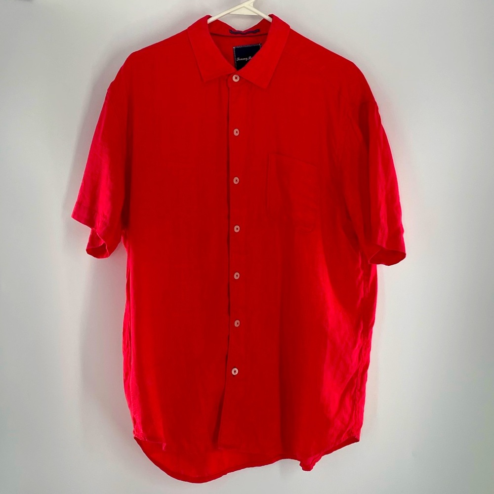 Tommy Bahama Red-Orange 100% Linen Breathable Short Sleeve Button Down